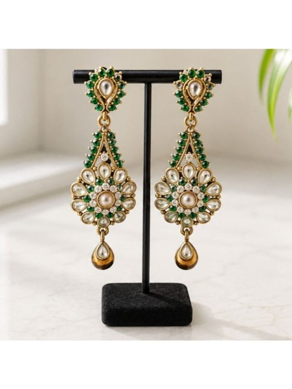 Vintage Gold-Tone Kundan-Style Drop Earrings With Green & Clear Crystals Floral